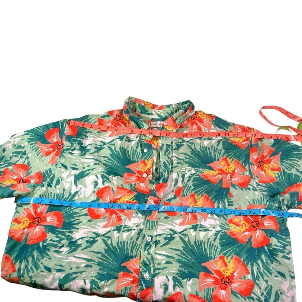 Saddlebred XXLT Green Orange Floral Hawaiian Shirt Cotton Linen Tropical Beach - Picture 3 of 7